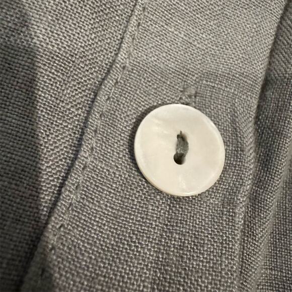 100% Linen Army Green Button Collared Top S Utility Cottage Short Sleeve FLAWS - Picture 3 of 9